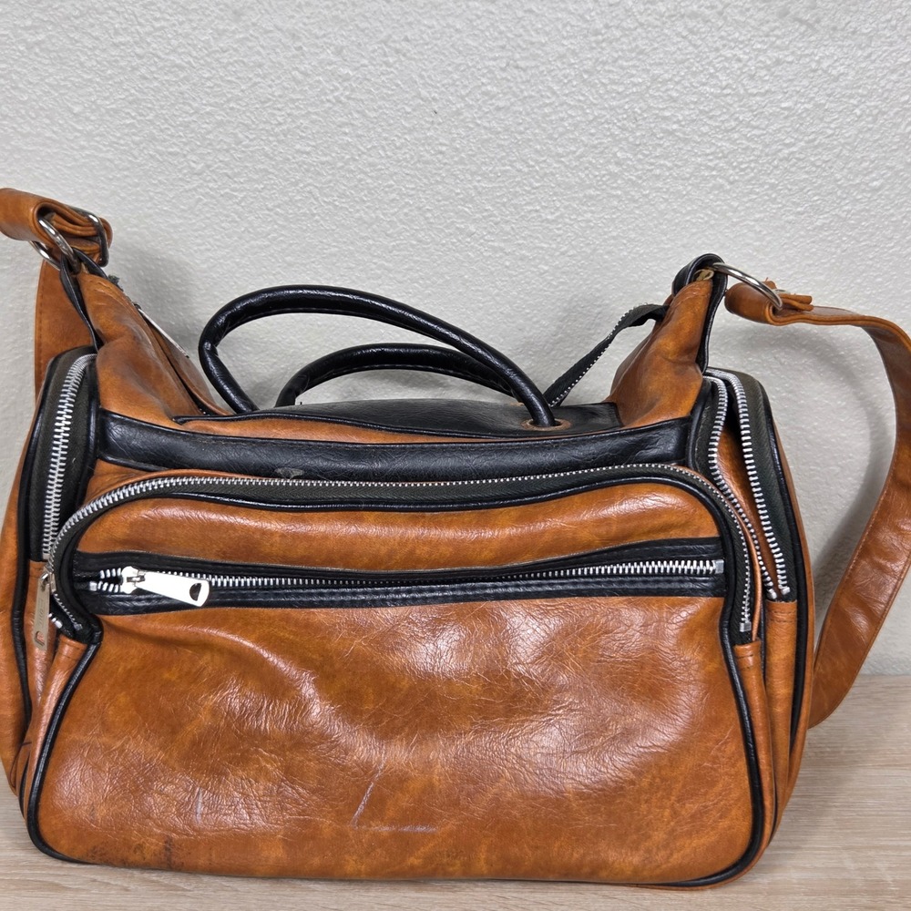 vintage y2k cognac brown black multi zip moto satchel shoulder bag